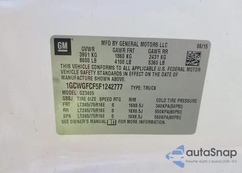 2015 Chevrolet Express 2500 Work Van из США, поврежденный, VIN 1GCWGFCF5F1242777